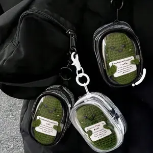 1/2pcs-Emotional Support Pickle with Cute Clear Bag Keychain Doll Display Keychain Bag, Positive Energy Doll, Handmade Emotional Pickled Cucumber Gift with Positive Card Creative Cute Crochet Christmas Pickle Knitting Doll Ornaments, Cute Soft Keychains
