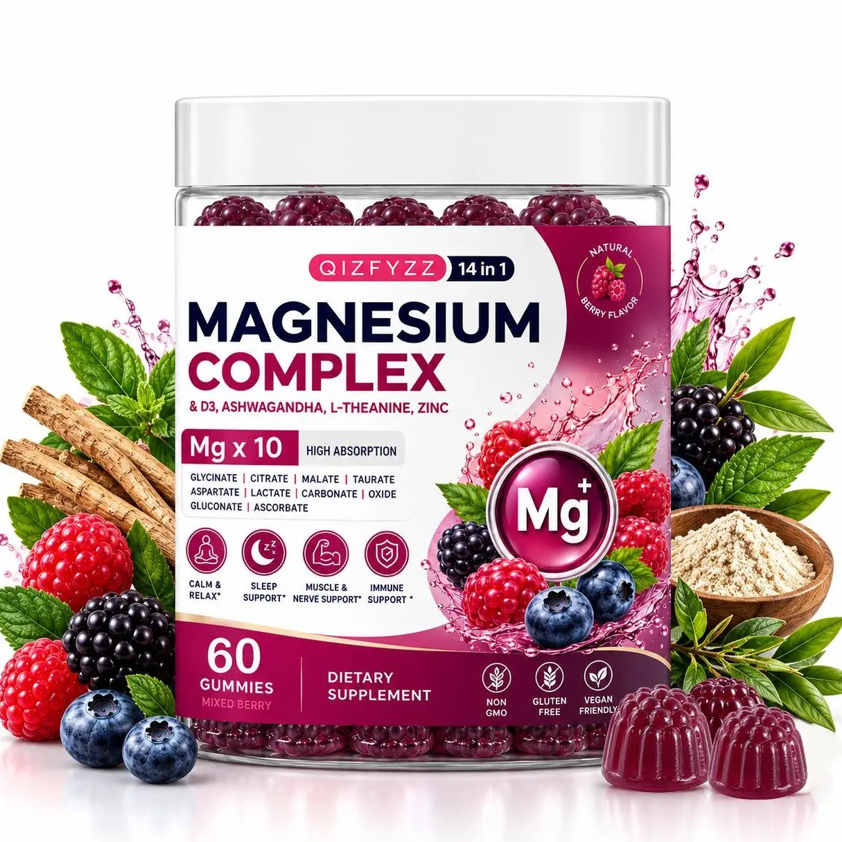 14-in-1 Magnesium Complex Gummies with Magnesium Glycinate, Citrate, Malate & Taurate, D3, Ashwagandha, L-Theanine & Zinc, Mixed Berry Flavor, 60 Count