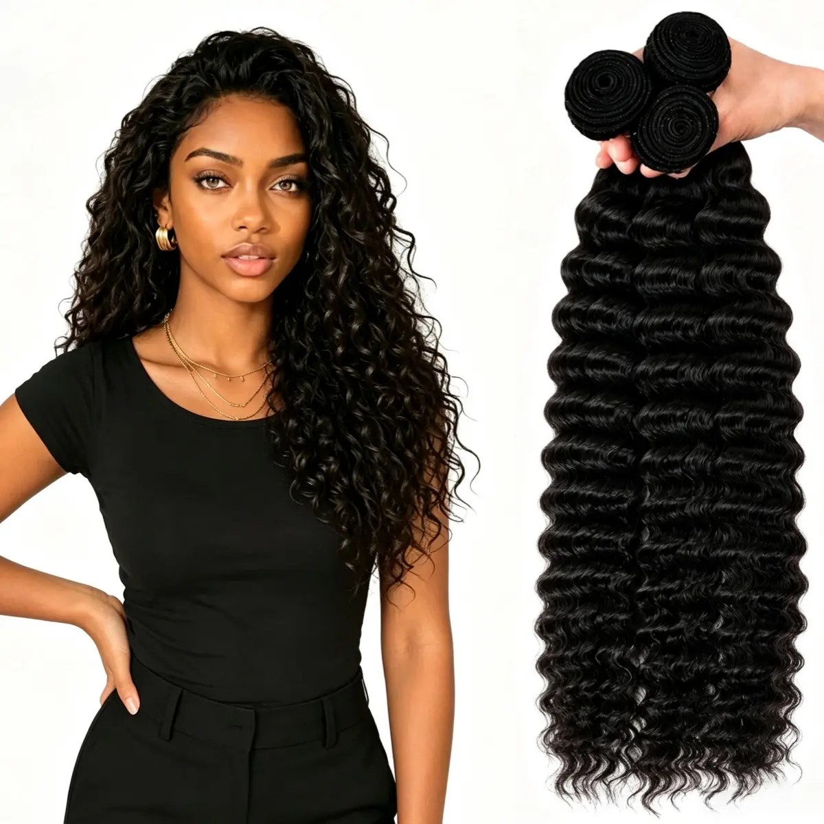 Natural Black Human Hair Bundles for Women – Soft Silky Straight, Body Wave & Deep Wave Weft Hair Extensions, Full Volume, Thick Ends, Smooth Natural Shine, Tangle-Resistant Hair for Sew-In, Daily Wear & Protective Styles