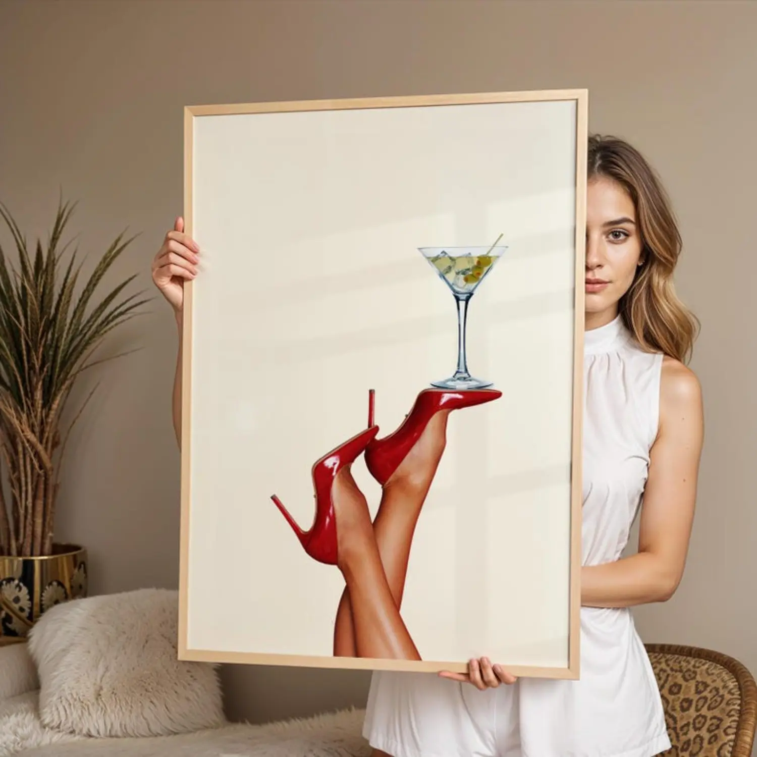 Artistic Vintage Martini & Red High Heels Unframed Wood Poster - Canvas Wall Art, Cocktail Bar Cart Decor, Home Supplies Gift