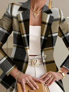 Women's Fall Outdoor Striped Plaid Geometric Print Blazer Jacket, Casual Fitted Regular Length, Digital Print, Spring & Fall