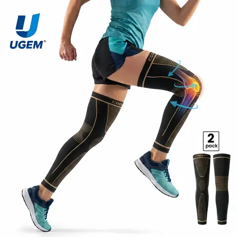 UGEM Copper Infused Footless Long Leg Sleeve Knee Brace - High Compression Athletic Sports Socks for Men & Women, Workout Use, Knee/Calf Pain Relief, Circulation Support, Swollen Legs, Varicose Veins, Active Socks, High Support Protective Gear
