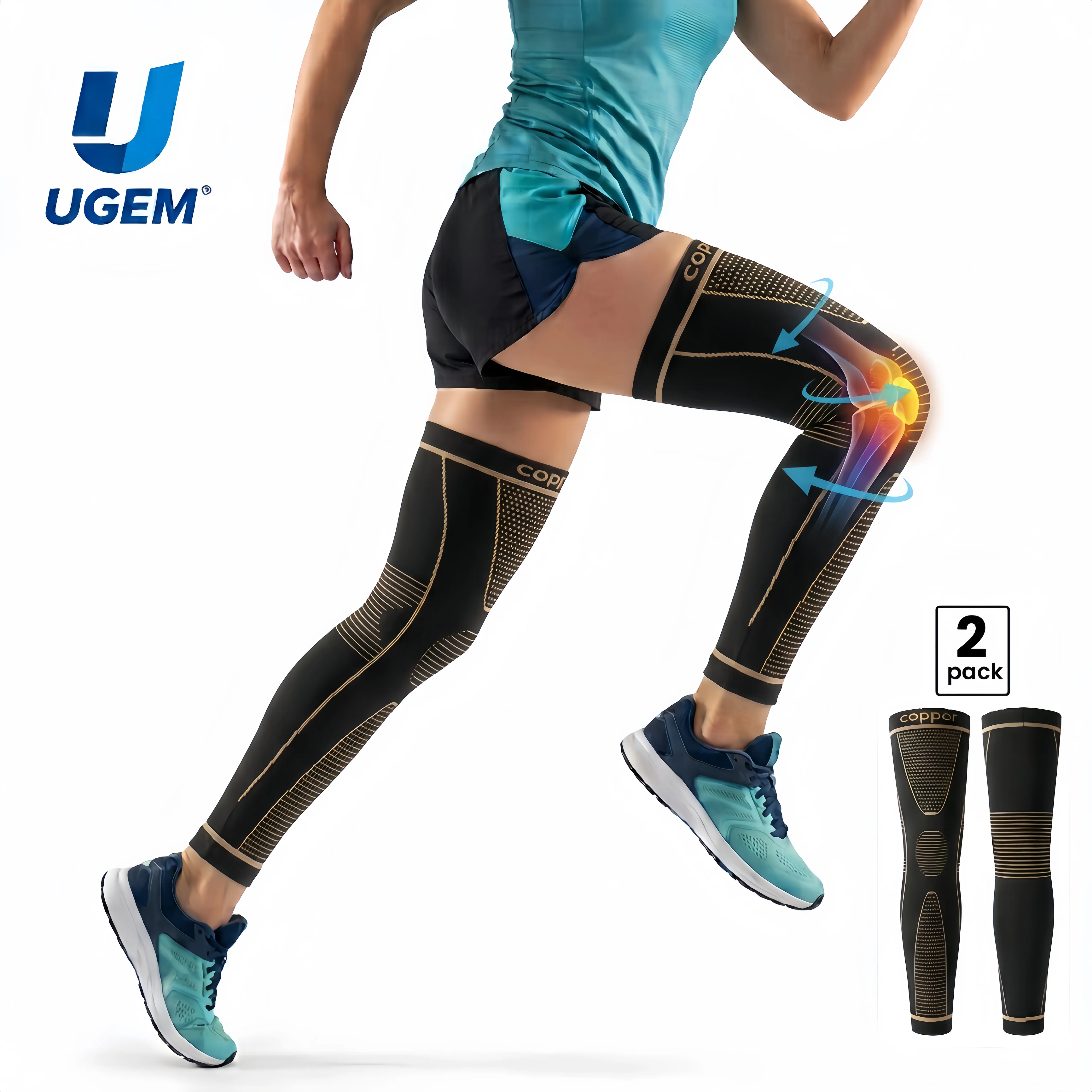 UGEM Copper Footless Compression Socks for Men & Women- Long Full Leg Sleeve for Knee & Calf Pain Relief, Swollen Legs, Circulation & Fitness