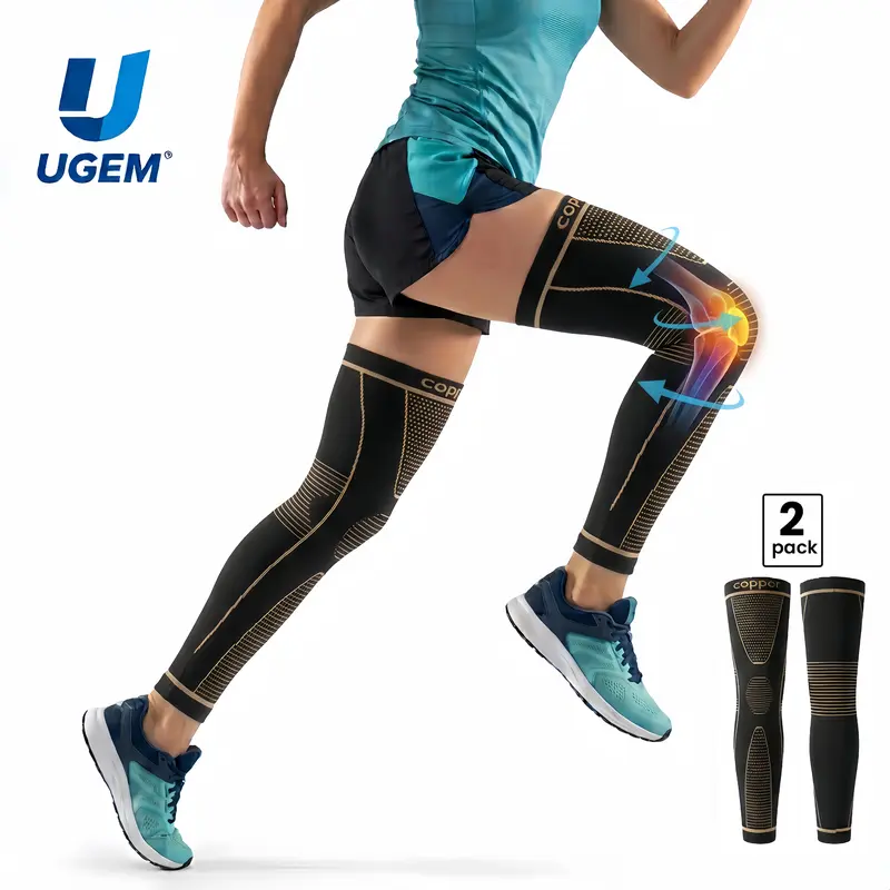 UGEM Copper Infused Footless Long Leg Sleeve Knee Brace - High Compression Athletic Sports Socks for Men & Women, Workout Use, Knee/Calf Pain Relief, Circulation Support, Swollen Legs, Varicose Veins, Active Socks, High Support Protective Gear