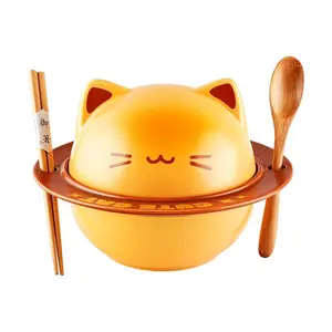 Kawashima Cat Planet Ramen Bowl Set - 800ml Ceramic Noodle Bowl with Lid, Chopsticks & Spoon - Perfect for Single Servings & Gift Boxed