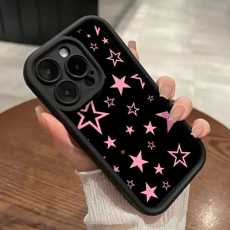 Pink and Black Stars Phone Case for iPhone 16 15 14 Pro Max 13 12 11 XR XS Plus Shockproof Full Camera Protection Durable slim Silicone Cover Protective Protector