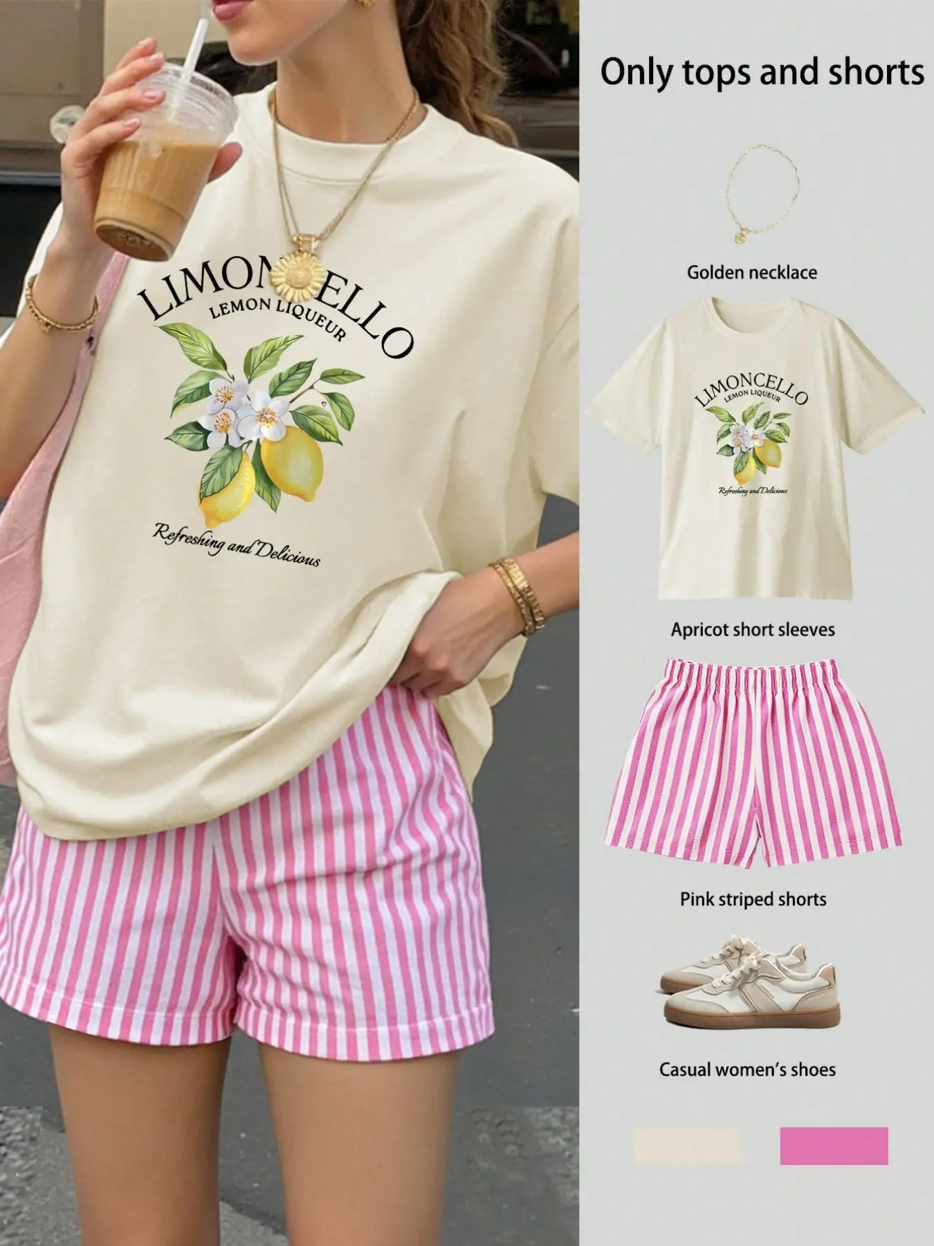 Women's Sweet Girl Style Limoncello Letter & Lemon Print Fitted Short Sleeve T-Shirt, Striped Shorts Matching Set, Casual Fashion Womenswear, Striped Lounge Set