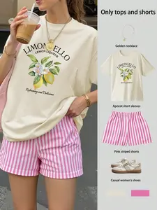 Women's Sweet Girl Style Limoncello Letter & Lemon Print Fitted Short Sleeve T-Shirt, Striped Shorts Set, Casual Fashion