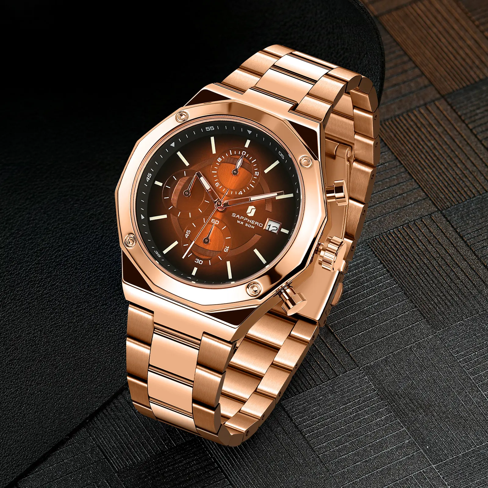 SAPPHERO Men's Quartz Analog Wristwatch, Business Casual Stainless Steel Chronograph with Sun Dial, Waterproof with Luminescent Hands, Round Face, Casual/Work, Luxury Quartz Watches