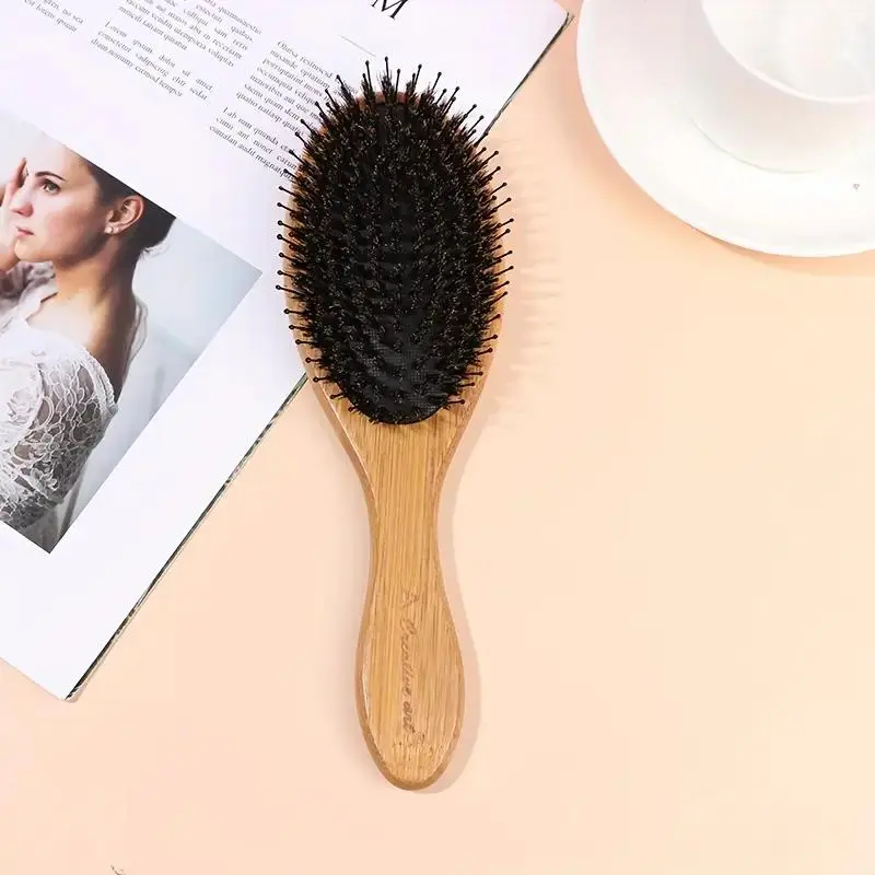 Wooden Handle Hair Brush, Detangling Straightening Hair Brush, Beard Brush, Heatless Styling Tool for Home & Salon Use