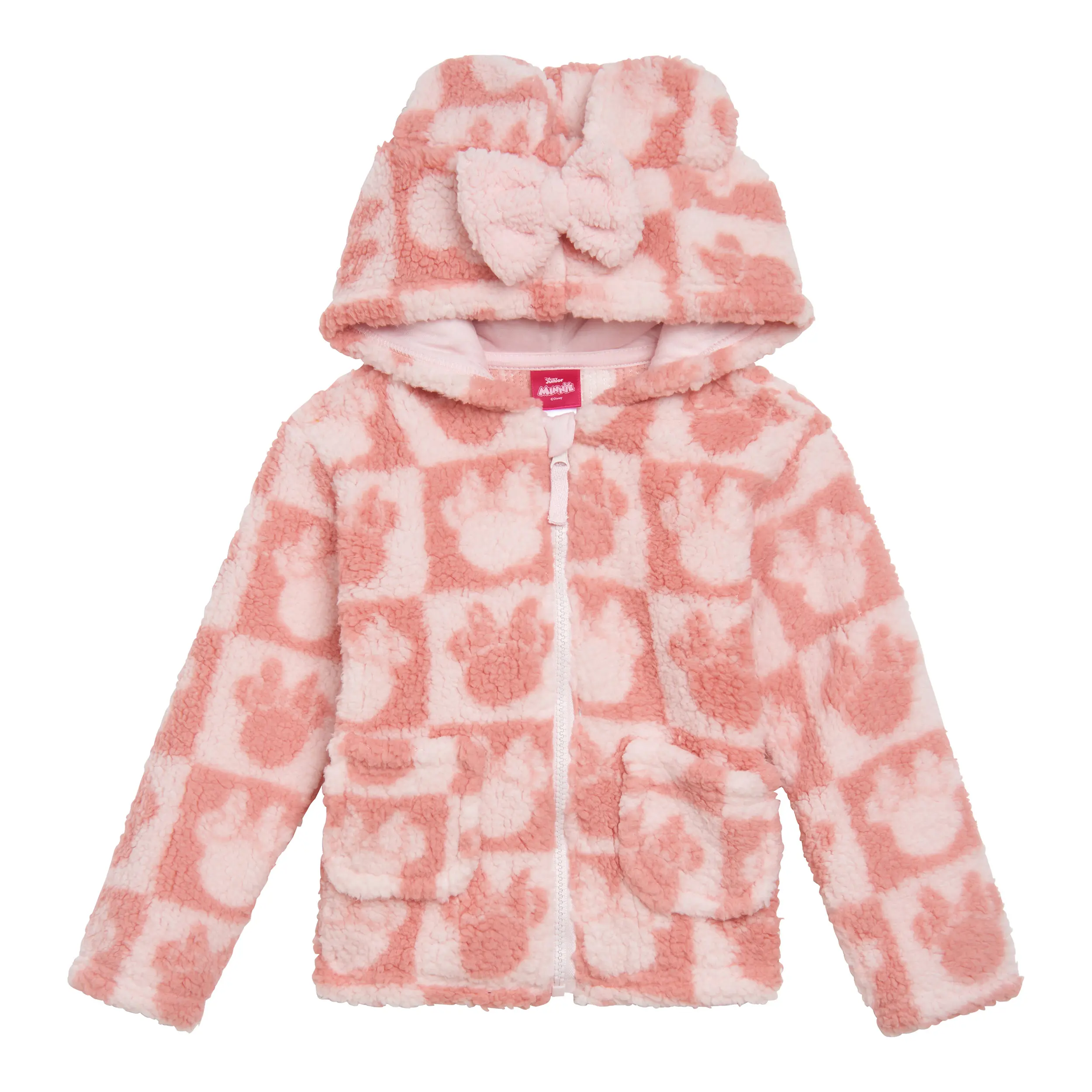 Disney Minnie Mouse Cute Padded Plaid Long Sleeve Jacket, Baby Girls' Allover Print Fleece Zip-Up Hooded Sweatshirt, Light Pink, Newborn to Infant, Everyday, New Baby, 0 - 3 Months, 260 Gsm Sherpa Fleece, 3D Ears