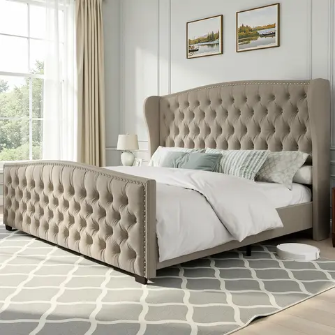 AMERLIFE Modern Bed Frame, Upholstered Bed with Deep Button Tufted & Nailhead Trim Wingback Headboard/No Box Spring Needed/Queen/King/California King Size/Christmas Gifts/Best Gift Ideas/Cozy Home