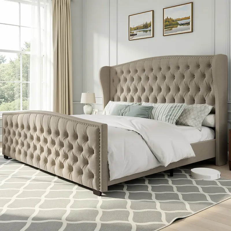 AMERLIFE Modern Bed Frame, Upholstered Bed with Deep Button Tufted & Nailhead Trim Wingback Headboard/No Box Spring Needed/Queen/King/California King Size/Christmas Gifts/Best Gift Ideas/Cozy Home