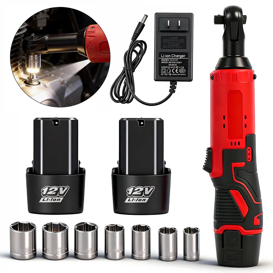 3/8" Cordless Electric Ratchet Wrench Set, 12V Power Ratchet Tool Kit With 2 Packs 1500 mAh Battery And Charger, 45 FT-LBS Battery Powered Wrench with Infinitely Variable Speeds