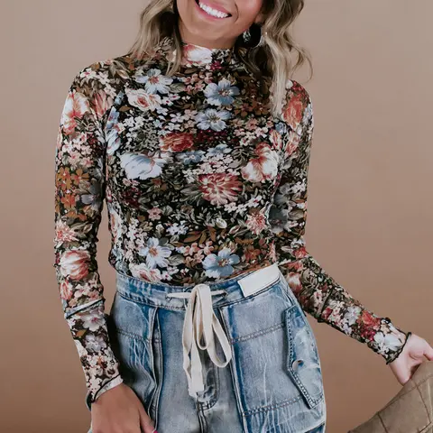 MULLVEIG Women's Elegant Semi-Sheer Floral Print Mesh Blouse - Fitted Full-Ruffle-Sleeve Stretchy Dressy Top, Casual Round-Hem Date Night Top