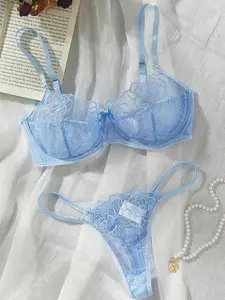 Women's Floral Embroidery Sheer Sexy Lingerie Set, Bow Decor Adjustable Strap Bra & Thong Set, Romantic Lingerie Set for Women, Underwear Sets