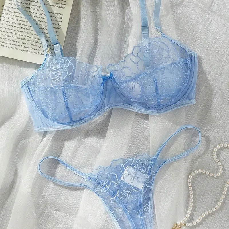 Women's Floral Embroidery Sheer Sexy Lingerie Set, Bow Decor Adjustable Strap Bra & Thong Set, Romantic Lingerie Set for Women, Underwear Sets, Clothing