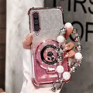 Glitter Black Rose Ring Holder Beaded Strap Phone Case Cover for Samsung Galaxy A50/A50s/A20s