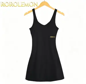 Flattering Slim Fit Tennis Dress with Gold Logo, Women’s Sleeveless Workout Dress with Inner Support, Buttery Soft Fabric for Yoga, Golf & Errands