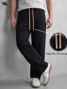 Vibe404 Black Cargo Parachute Pants Men Baggy Wide Leg Track Pants with Thick Drawstring Adjustable Cinch Hem Straight  Casual Hip Hop Gorpcore Trousers
