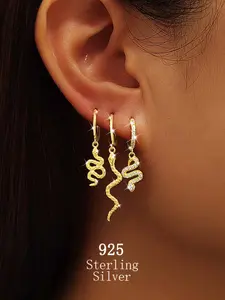 3 count Vintage Snake Design Pendant 925 Sterling Silver Earrings with Artificial zirconia, Perfect for Daily Wear & Parties | Stylish Gifts for Easter & Halloween