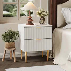Modern Nightstand with 2 Drawers, Golden & Wood Fluted Design, Bedside Side Table for Bedroom, Apartment
