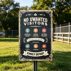 2D Flat - 1pc No Unwanted Visitors Sign With Icons And Text On Dark Background Framed In Rustic Style Featuring Delivery Services And Humorous Messages Metal Tin Sign Vintage Iron Wall Art with Floral Accents, Perfect for Home, Porch, Garden, Cafe,