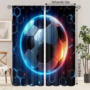 2-piece set of football printed curtains, football enthusiast curtains, made of semi transparent polyester fiber material, machine washable material, suitable for bedroom, living room, dining room decoration, all year round room decoration