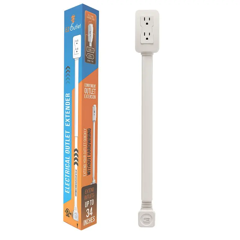 EZ Outlet Electrical Outlet Extender with USB-A USB-C & 2 AC Outlets Extendable 22-34" Rotatable 180° for Couches Desks Nightstands