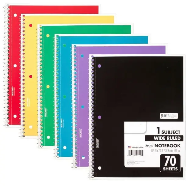 6 Pack Spiral Notebook, 1 Subject, Wide Ruled Paper, 7-1/2" x 10-1/2", 70 Sheets per Notebook, Colors Will Vary (930201-ECM25)