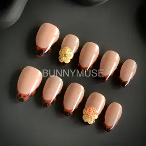 [BunnyMuse] Handmade Press on nails turtle shell french |  bow nail,  french tip, short nail, almond nail, cute nail, girly nail, coquette nail, Luxury Short Nails, clean girl nail, vanilla girl nail, chic nail, bubblebath, funny bunny