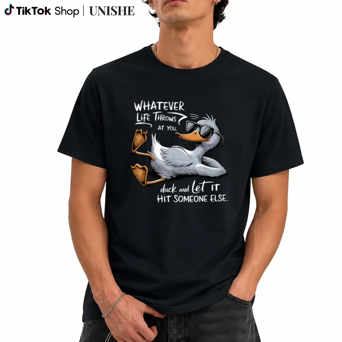 Men's Classic Fit 100% Soft Cotton Short-Sleeve Round Neck Casual Graphic T-Shirt - Sarcastic Whatever Life Throws At You Duck Meme Printed Image, US Digital Print, Streetwear, All Seasons Top