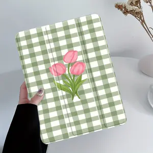 Tablet Case Featuring a Green Gingham And Pink Tulip Design, Perfect for a Cottagecore Aesthetic. It Includes a Pencil Holder And Offers Auto Wake/Sleep Functionality, Providing Protection for Various for Ipad Models Including The 10Th, 11Th, 9Th