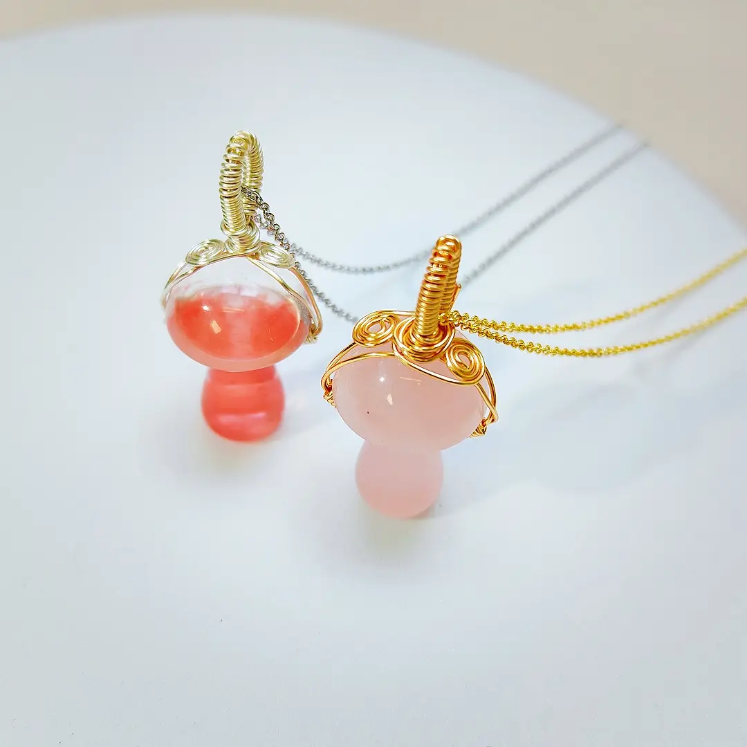 Polished Crystal Wire-Wrapped Mushroom Necklace