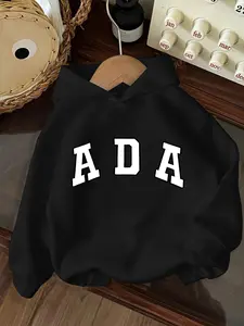 Women's Fall Winter Warm Hoodie, Ada Letter Print, Casual Patchwork Design, Kangaroo Pocket, Thick Fabric, Youth & Adult Wear