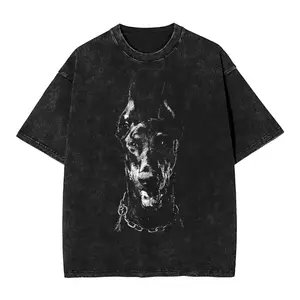 Funny Doberman Dog Washed T Shirt Streetwear Hip Hop Retro T-Shirts Tees Tops for Men Women Short Sleeve High Street Summer         UUD SFS