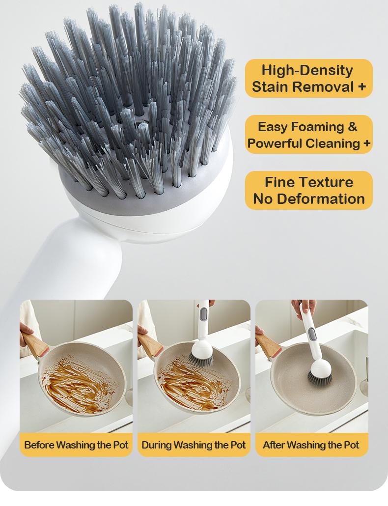 6-in-1 Dish Brush with Detergent Dispenser 360° Rotating Scrubber for Pots Pans Dishes & Utensils Adjustable Angles Non-Slip Grip Handle Durable PET Bristles Ergonomic Design Anti-Slip Grip Integrated Soap Dispenser
