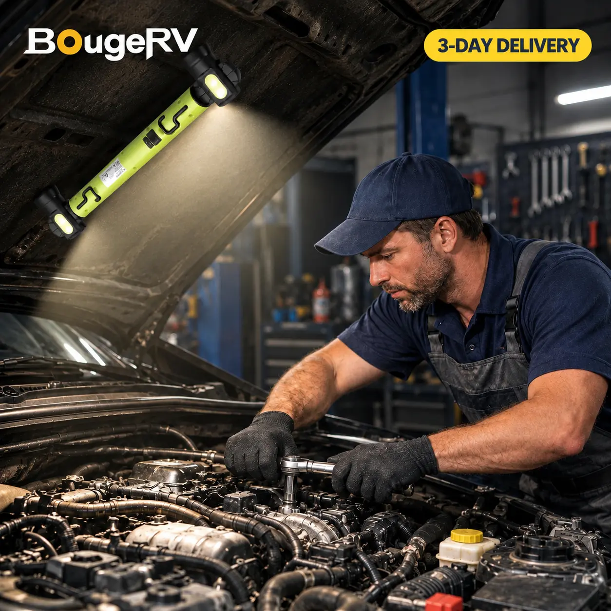 BougeRV Cordless LED Magnetic Light Bar - 3000LM Portable Lighting, 5200mAh Rechargeable Battery, Up to 7H Runtime, Magnetic & Hook Design, for Garage Car Repair, Gifts for Him (1 Pack)