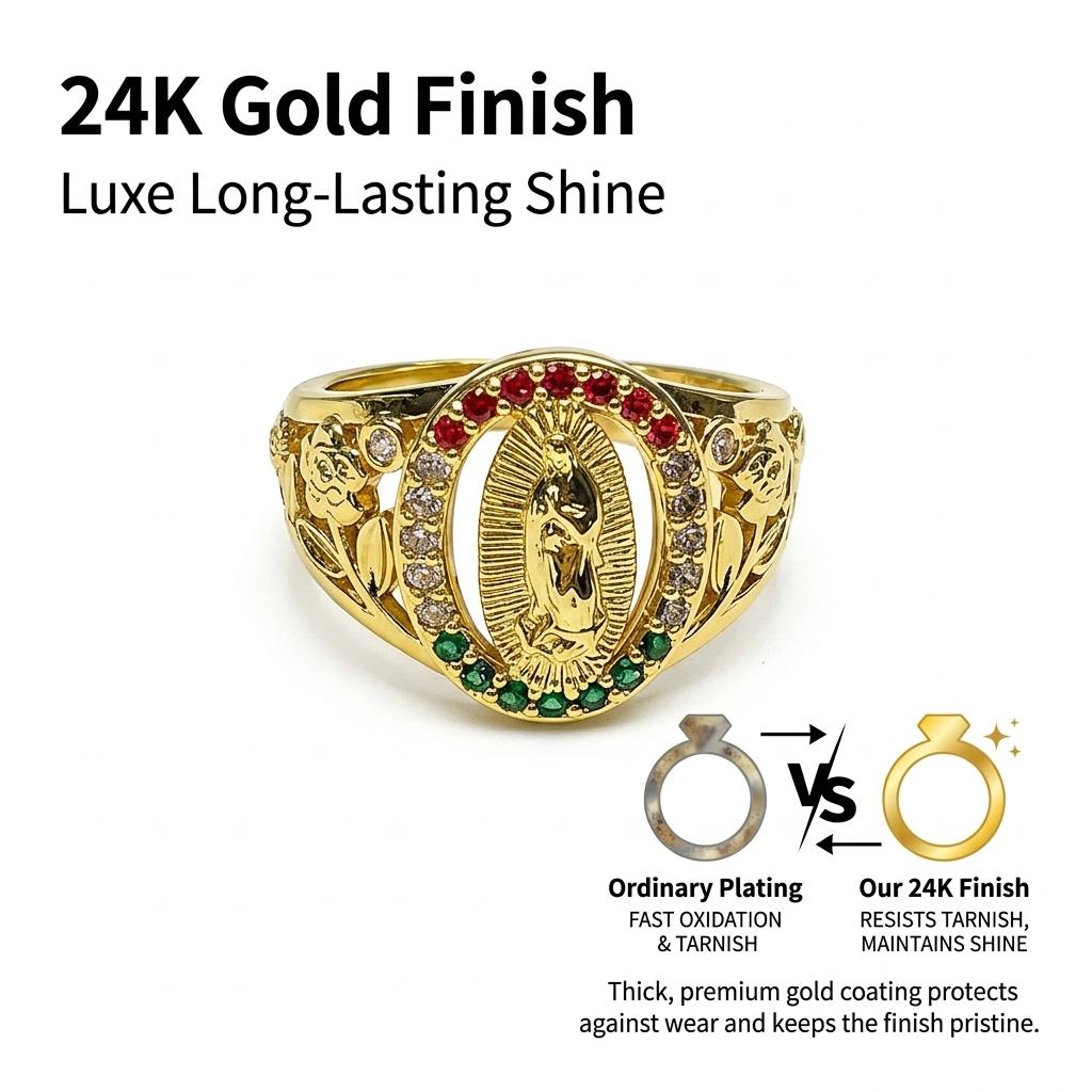 Our Lady of Guadalupe Color Zircon Ring, Vintage Gold Plated Hollow Carved Ring, Religious Prayer Jewelry, Gift for Elderly & Church Members