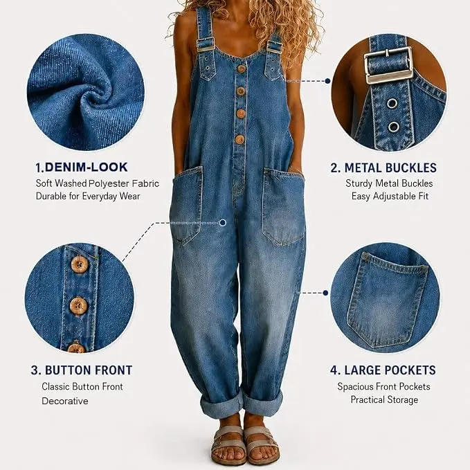 Lady's Elegant Basic Everyday Comfortable Customized Denim Overalls, Adjustable Shoulder Straps, Loose Relaxed-Cut Long Pants, Plus Sizes, Lightweight Casual Clothing for Parties, Beach (Sports & Outdoor Leisure Wear)