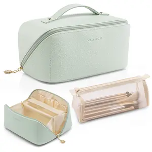 vlando Makeup Bag,Travel Makeup Bag Waterproof Portable Cosmetic Bag PU Leather Open Flat Make up Organizer for Toiletries,Makeup Brushes Bag Gifts for Teen Girls Women