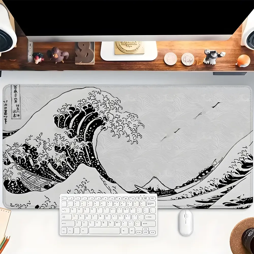 1pc Japanese Wave Gaming Mouse Pad Black and White Desk Mat Rubber Base with Stitched Edge Non-Slip Desk Accessories Computer Accessories Office Supplies XL Mousepad for Office Home as Gifts for Men Women Birthdays,Christmas,Halloween Day