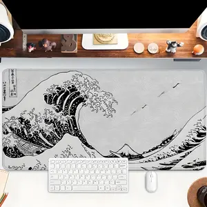 1pc Japanese Wave Gaming Mouse Pad Black and White Desk Mat Rubber Base with Stitched Edge Non-Slip Desk Accessories XL Mousepad for Office Home as Gifts for Men Women Birthdays,Christmas,Halloween Day