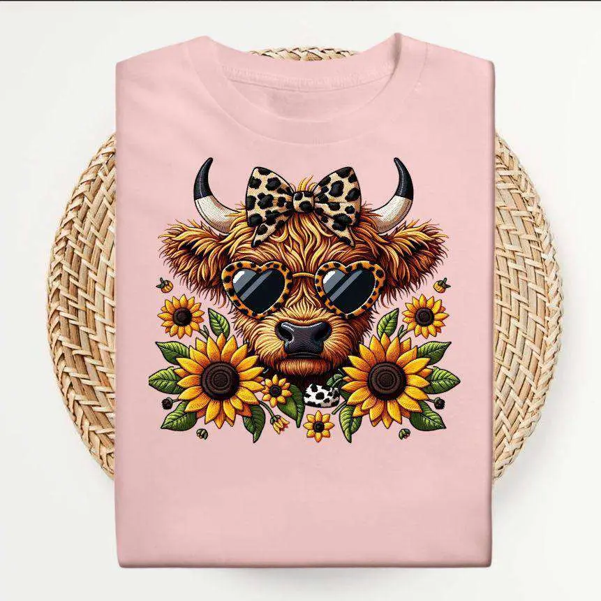Highland Cow Sunflower T-Shirt - Adorable Design, Women's Top - Womenswear Comfort cute shirts for women