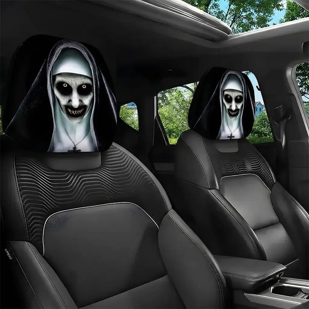 Funny Horror Valak Nun Headrest Covers for Car, Creepy Ghost Halloween Car Interior Accessories, Spooky Prank Gift for Drivers SUV Truck