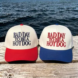 Funny Bad Day To Be A Hot Dog Embroidered Trucker Hat - Vintage Snapback, Adjustable 1-Size Patriotic 4th Of July Summer Party Gift For Men, Women Summerwins Independence Day brunette hat America Style Party Gift for Her Funny Dad Hat