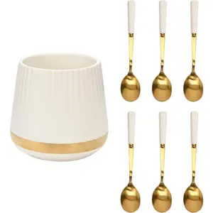 6PCS Coffee Spoons with Ceramic Jar Holder, Small Stainless Steel Gold Tea Spoons, Mini Dessert Spoons Set for Fruit, Stirring, Mixing, Sugar, Ice Cream, Cake (White)