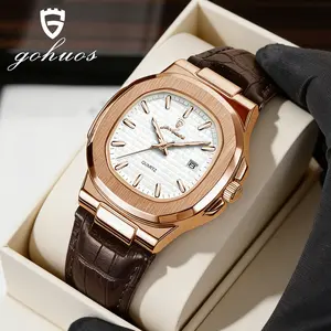 GOHUOS Men's Luxury Square Quartz Watch, Waterproof with Luminous Date & Day Display, Leather Strap Wristwatch