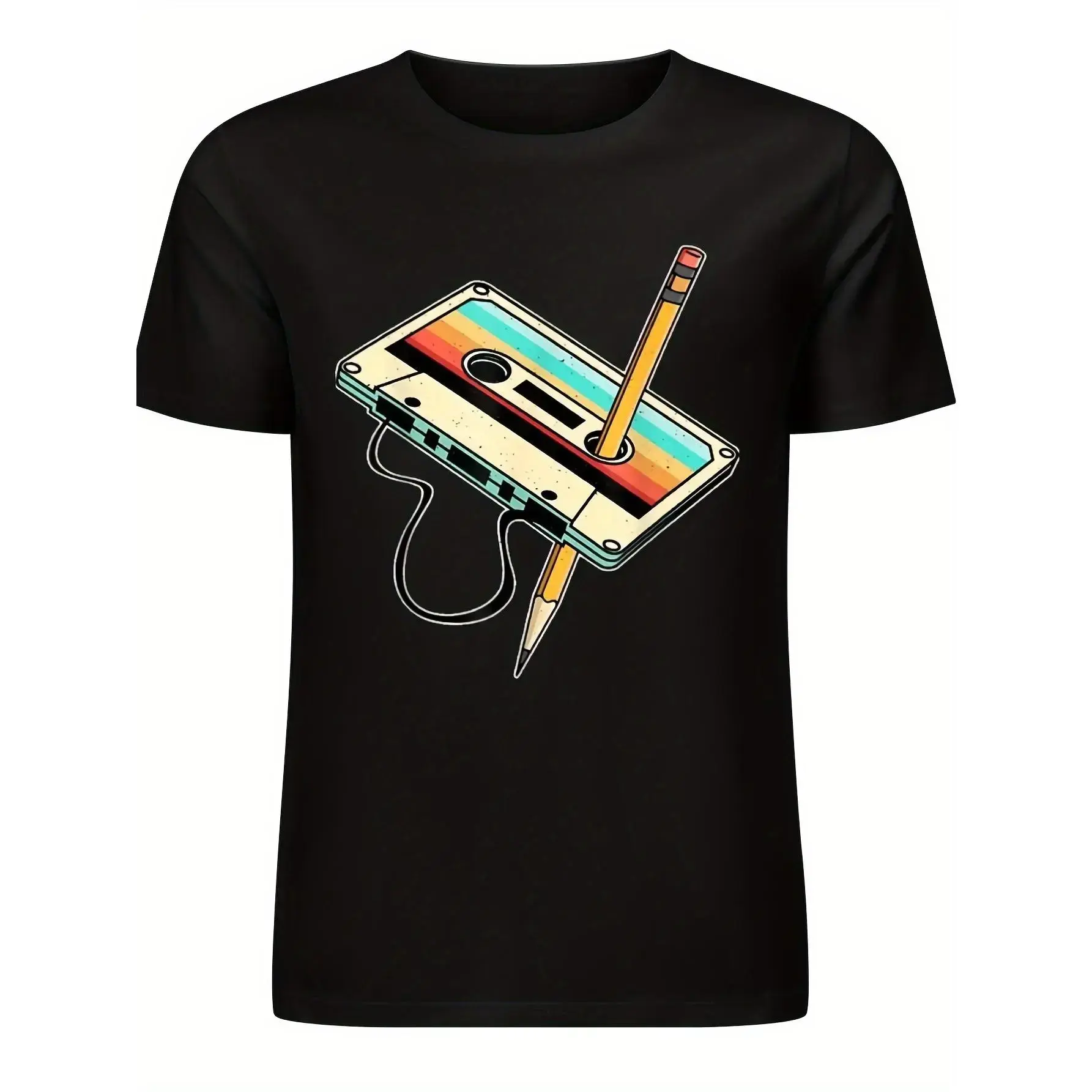 80S Cassette Tape Pencil 1980S Retro Nostalgic Music T-Shirt - Men'S Casual Round Neck T-Shirt - Pure Cotton Material - The Fabric Is Comfortable And Breathable - Great Gift