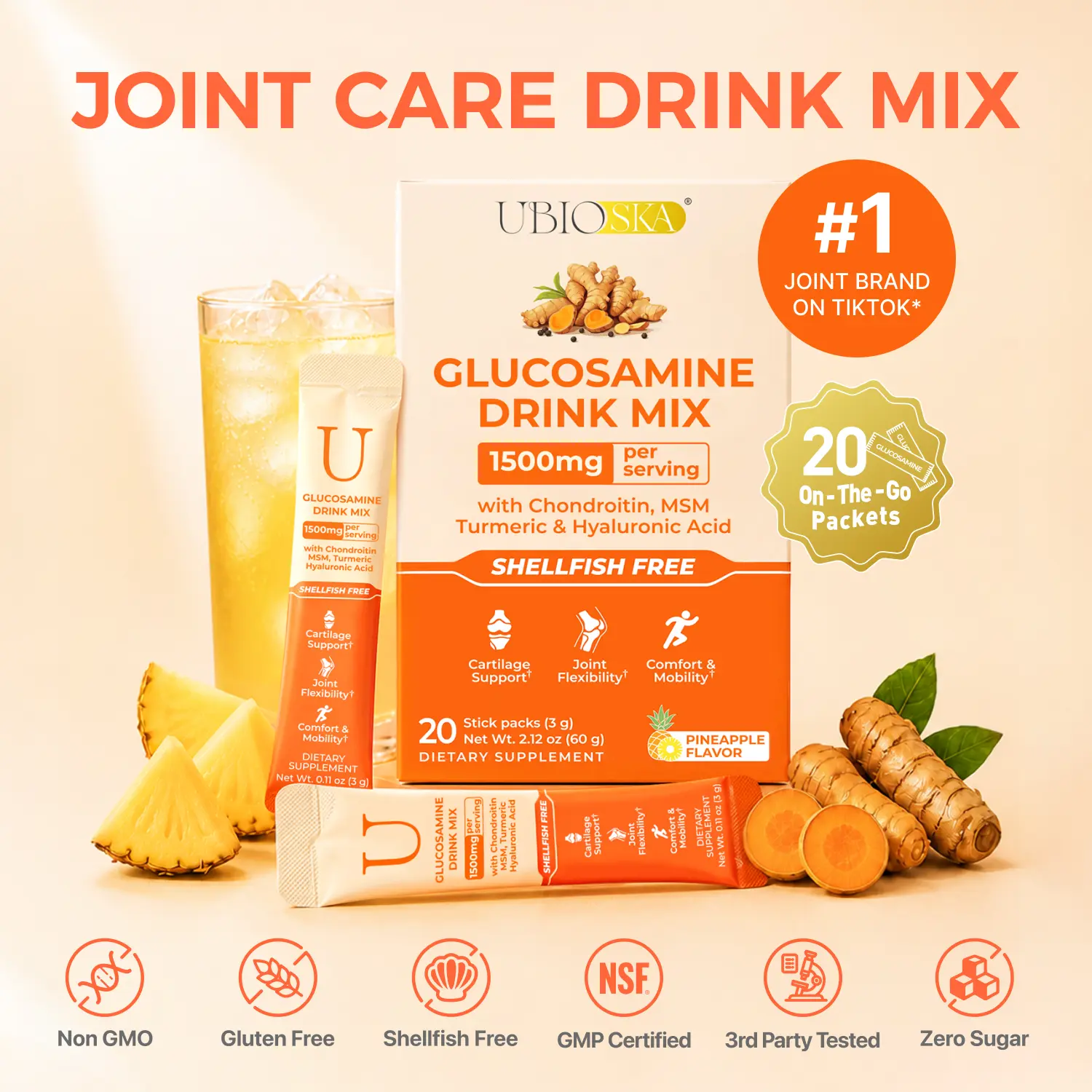 UBIOSKA 7-in-1 Joint Support Drink Mix | With Shellfish-Free Glucosamine, Chondroitin, MSM, Hyaluronic Acid, Turmeric & Ginger | Zero Sugar, Pineapple flavor, Liquid Joint Care Supplement for Mobility, Flexibility & Daily Comfort | Individually Packaged